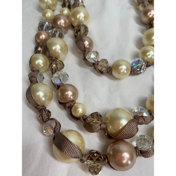 Triple Strand Faux Pearl, Crystal Bead & Ribbon Necklace - Ivory/Pink - Picture 12 of 12